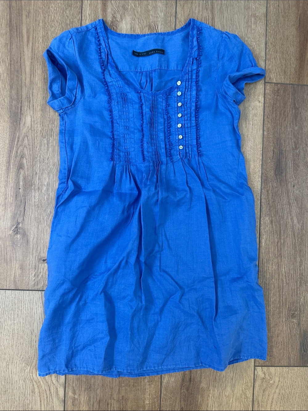 Zara Royal Blue Short-Sleeve Pintuck 100%Ramie Dress